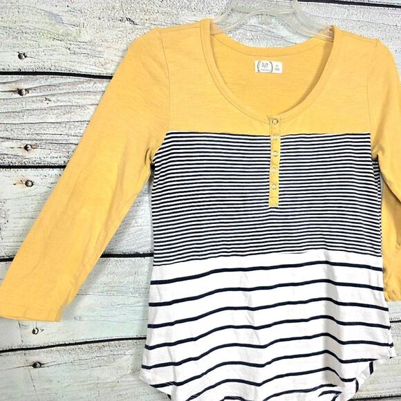 Maurices 24/7 Mustard Stripe Henley Top XS - Picture 2 of 6